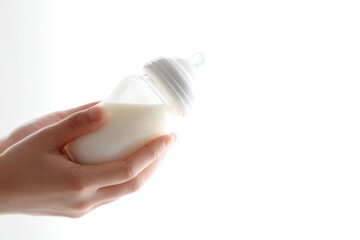 Close up of a mother hand feeding a baby from a bottle, isolated on white background, gentle and soft lighting, childcare concept