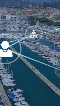 Vertical video: Pier marina getting net overlay, light streak sparking linking icons to show links