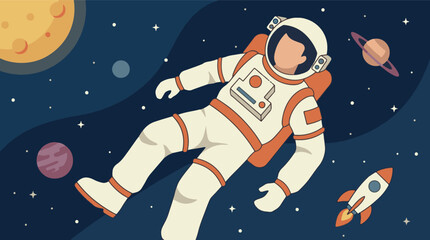 Astronaut floating in space with planets, stars, and a rocket, flat design © Vectora