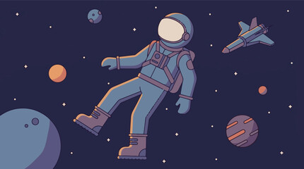 Astronaut floating in vast space surrounded by planets, stars, and a space shuttle © Vectora