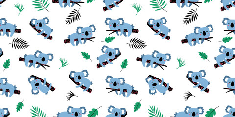 Seamless koala pattern featuring small adorable koalas combined with tropical leaves in a soft repeating layout