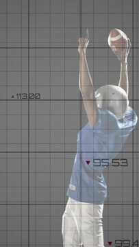 Vertical video: Football player raising ball, rotating torso, creating sports metrics and red lines