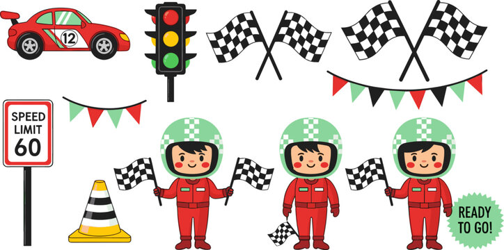 Race Car Driver with Racing Flags, Speed Limit Signs, and Traffic Lights in Fun Cartoon Style