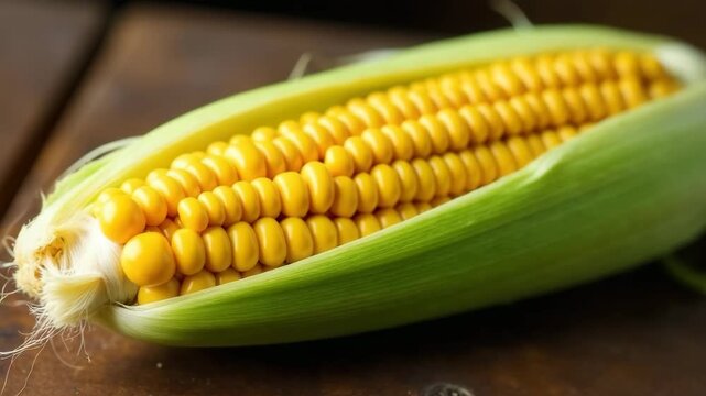 Fresh yellow corn on the cob with green husk. The kernels are plump and juicy, showcasing a vibrant color. Ideal for cooking or summer meals.