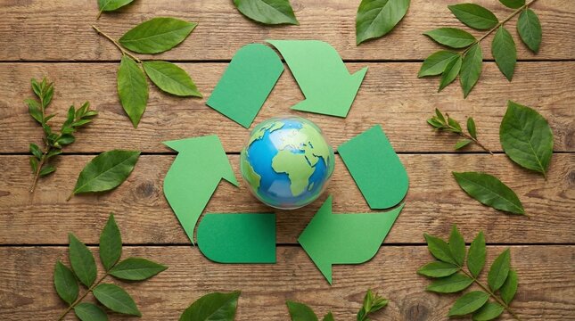 Recycling symbol with green leaves and a small globe on wooden background promoting eco friendly practices