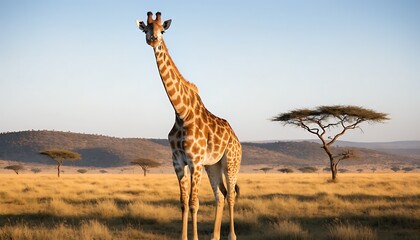 Majestic giraffe standing tall in golden savanna at sunset with acacia trees wildlife nature