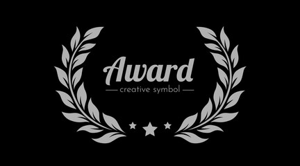 Obraz premium Elegant gray laurel wreath with Award creative symbol text on black, a perfect emblem for success. Vector illustration.
