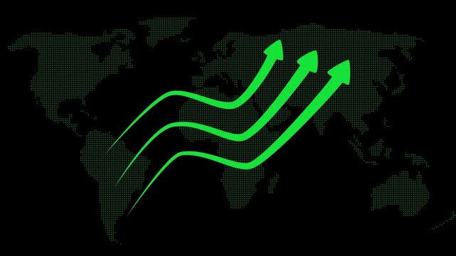 Three arrows rising over world map animation, Stylized world map silhouette in dark tones with three upward arrows forming wavy paths