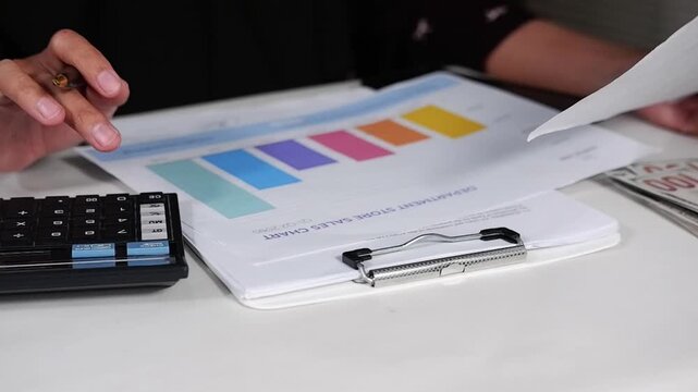 A female accountant is reading a document containing graphs and financial information. A businessman is checking graphs on his desk in his office and signing a document containing analytical data.
