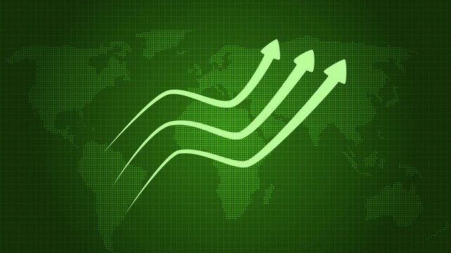 Three arrows rising over world map animation, Stylized world map silhouette in dark tones with three upward arrows forming wavy paths