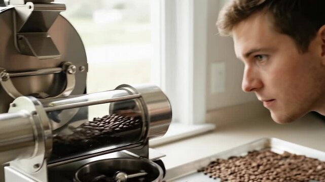 oung man intently watching coffee beans rotate inside a small professional roaster machine in a bright kitchen as he prepares a fresh batch