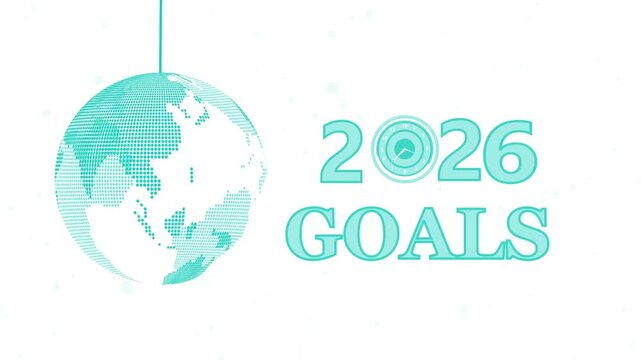 2026 goals golden globe ornament animation, Golden dotted globe ornament hanging beside bold 2026 goals text animated