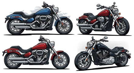 Four Different Motorcycle Illustrations on White Background. © Vita