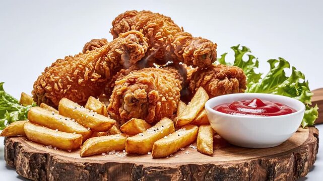 Crispy fried chicken drumsticks with french fries and ketchup on board