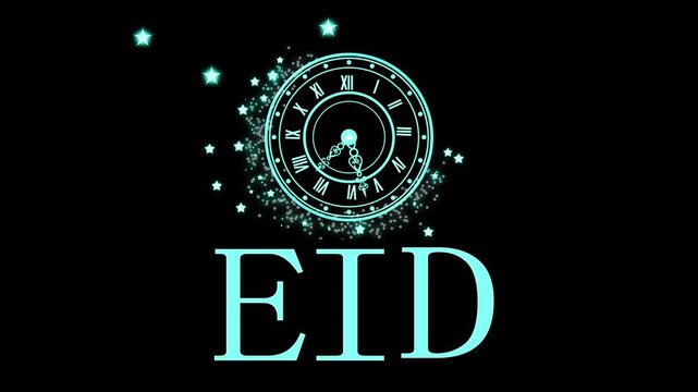 Eid clock logo animation, Clock face with roman numerals and decorative hands above large gold letters EID