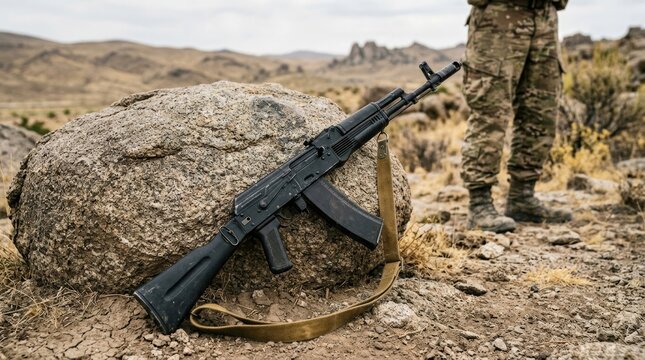 Modern assault rifle leaning against a rock in a dry desert terrain with a soldier in camouflage standing in the background.