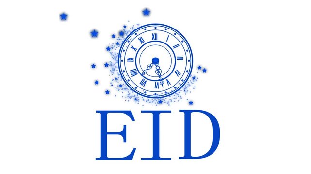 Eid clock logo animation, Clock face with roman numerals and decorative hands above large gold letters EID
