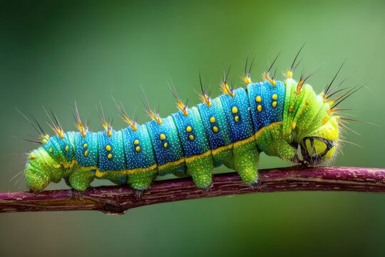 Vibrant green and blue caterpillar on branch