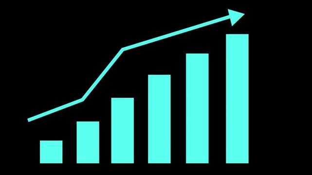 Upward trending bar chart with arrow animation, Trending bar chart with arrow on black background, five ascending bars and a line with arrow showing growth