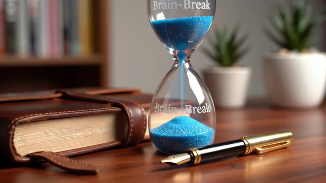 Time Management Concept with Hourglass and Journal on Wooden Desk.