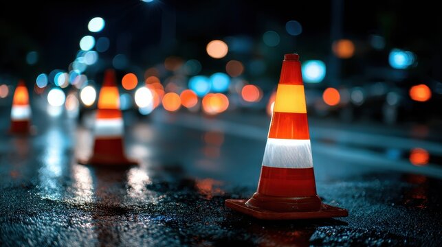 Orange traffic cones on wet asphalt street with blurred city lights at night for road safety and construction