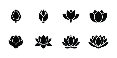 Lotus flower symbol collection, Black silhouette flower yoga symbol