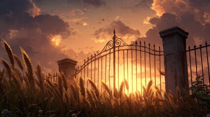 Obraz premium Animated sunset scene with wheat field in front of wrought iron gates with detailed sky