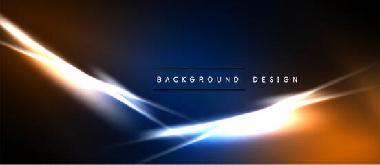 Abstract design features vibrant orange, blue light streaks. Dark background creates dramatic visual effect. Modern, energetic composition.