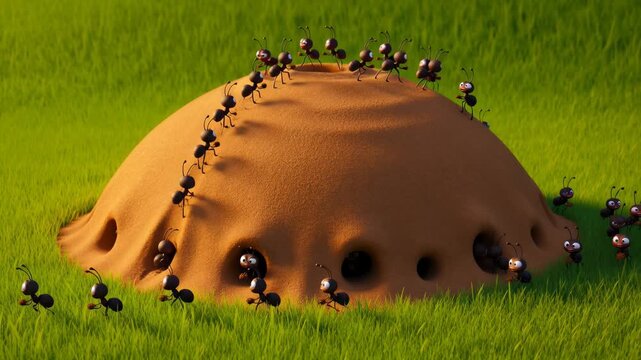 Animated ants marching around anthill with green grass background cartoon style animation of ants working