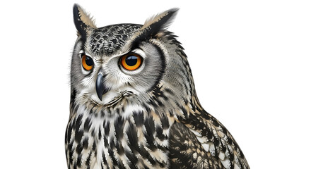 Obraz premium Close up of a vigilant owl isolated on transparent background with striking orange eyes and detailed feathers