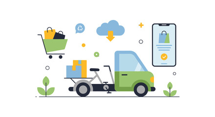 Fototapeta premium Eco-Friendly Online Shopping & Delivery: E-commerce, Mobile App, and Sustainable Logistics