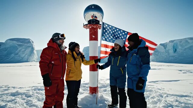 Excited group of scientists and explorers celebrating reaching the south pole ceremonial marker, proudly standing with the american flag amidst a vast antarctic ice landscape