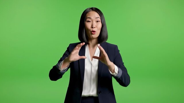 A professional Asian woman is shown in a gesture of prayer or plea, perfect for illustrating concepts of hope, reverence, or seeking guidance in marke