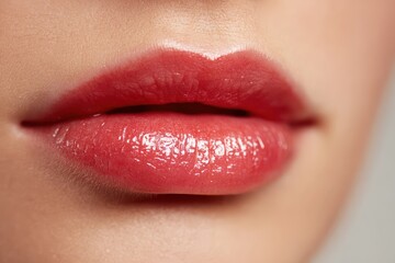 Fototapeta premium Macro of female lips with natural makeup