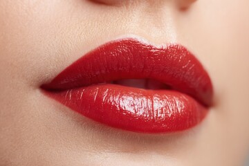Fototapeta premium Woman's lips with pink lipstick close up