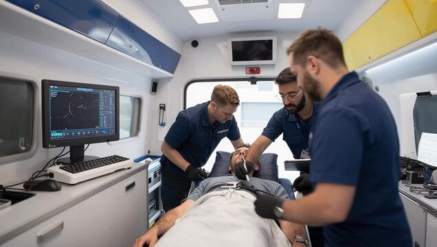 Emergency Medical Team Assisting Male Patient in Ambulance