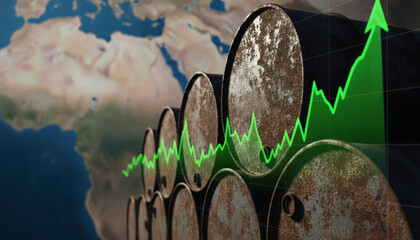Fototapeta premium Oil Barrels with Rising Price Graph and World Map Background