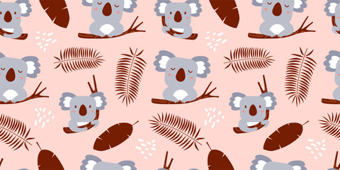 Seamless koala pattern combined with forest leaves and natural elements in a warm-toned background