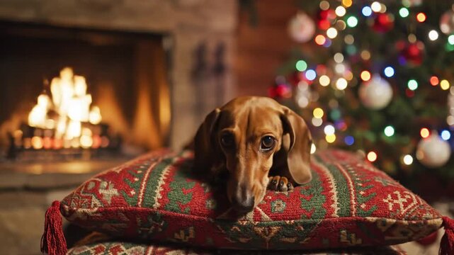 Cozy dachshund by the fireplace on a festive christmas cushion