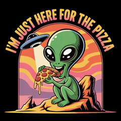 Fototapeta premium A friendly alien is depicted enjoying a slice of pizza while sitting on a rocky surface.