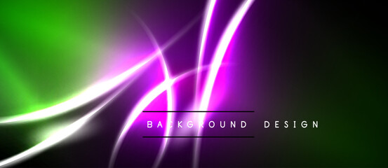 Obraz premium Abstract background features vibrant green, purple, white light streaks. Dark space dominates composition, creating dynamic visual effect.