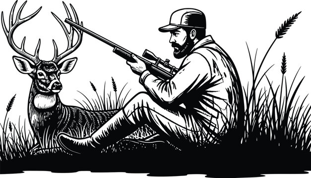 Hiker in the wilderness with a large deer and a rifle silhouette vector