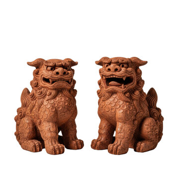 a pair of traditional okinawan shisa guardian statues, crafted from weathered reddish clay on a high-key studio background, emphasizing cultural guardianship concept