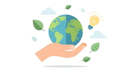 Fototapeta premium Ilustración vectorial de la mano humana sosteniendo el globo terrestre, icono de reciclaje, bombilla, hojas y nubes. Concepto del Día Mundial del Medio Ambiente, Salvar la Tierra, sostenibilidad, est