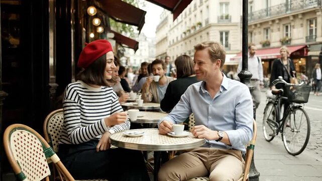 Couple Enjoying Coffee and Conversation at an Outdoor Parisian Cafe.