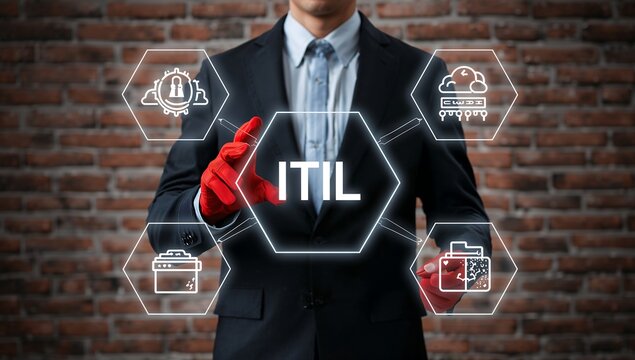 ITIL Business Management Concept with Businessman and Digital Service Infrastructure Interface