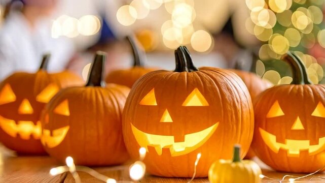 Carved pumpkins with glowing faces on a wooden table with decorative lights