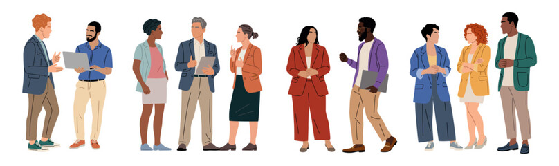 Fototapeta premium Diverse full body business people standing, talking, collaborating in casual smart outfits, using laptops, digital tablets, depicting communication, networking, teamwork, and brainstorming.