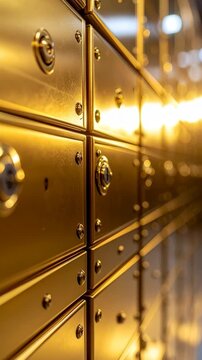 Golden safety deposit boxes in a bank vault with warm lighting