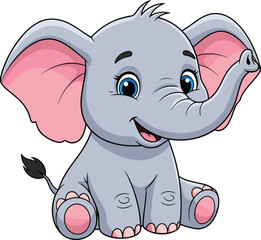 Obraz premium Cute Baby Elephant Cartoon Vector Illustration, Happy Little Blue Eyed Animal Sitting, Isolated Kawaii Elephant Character for Kids Design Projects
